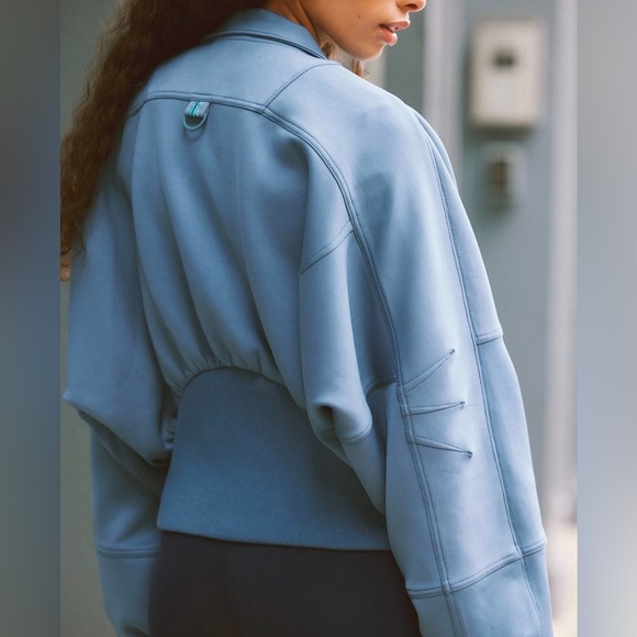 FP MOVEMENT FREE PEOPLE OFF TO THE RACES SKYLINE BLUE BOMBER JACKET LARGE NWOT - Picture 1 of 14